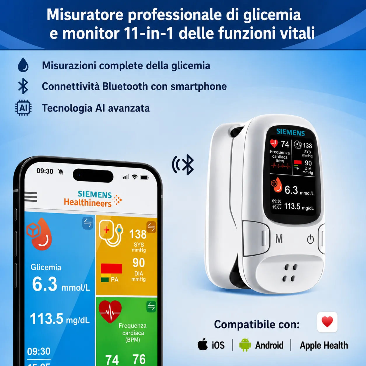 Misuratore di glicemia senza ago 11 in 1  Non è necessario pungere il dito • Risultati in soli 5 secondi.