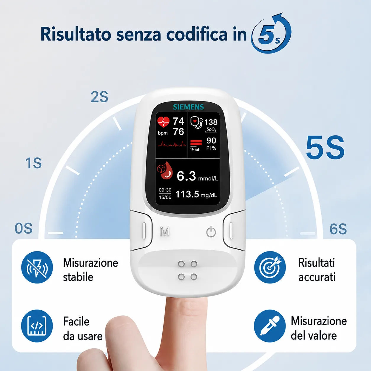 Misuratore di glicemia senza ago 11 in 1  Non è necessario pungere il dito • Risultati in soli 5 secondi.