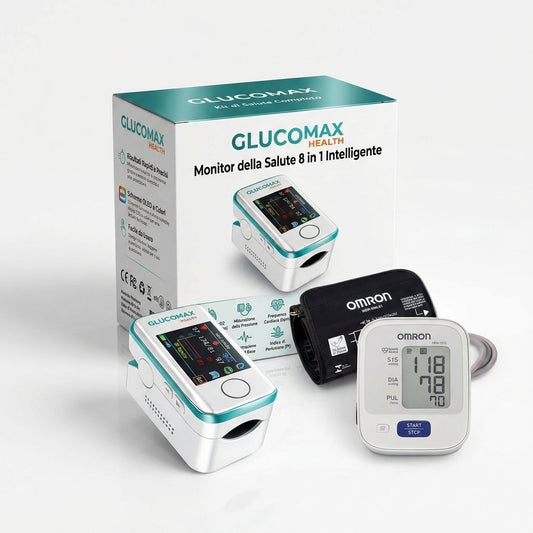 Kit Salute Serena: Glucomax Misuratore Senza Dolore + Misuratore di Pressione Gratis