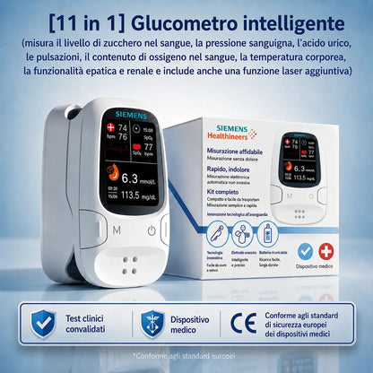 Misuratore di glicemia senza ago 11 in 1  Non è necessario pungere il dito • Risultati in soli 5 secondi.